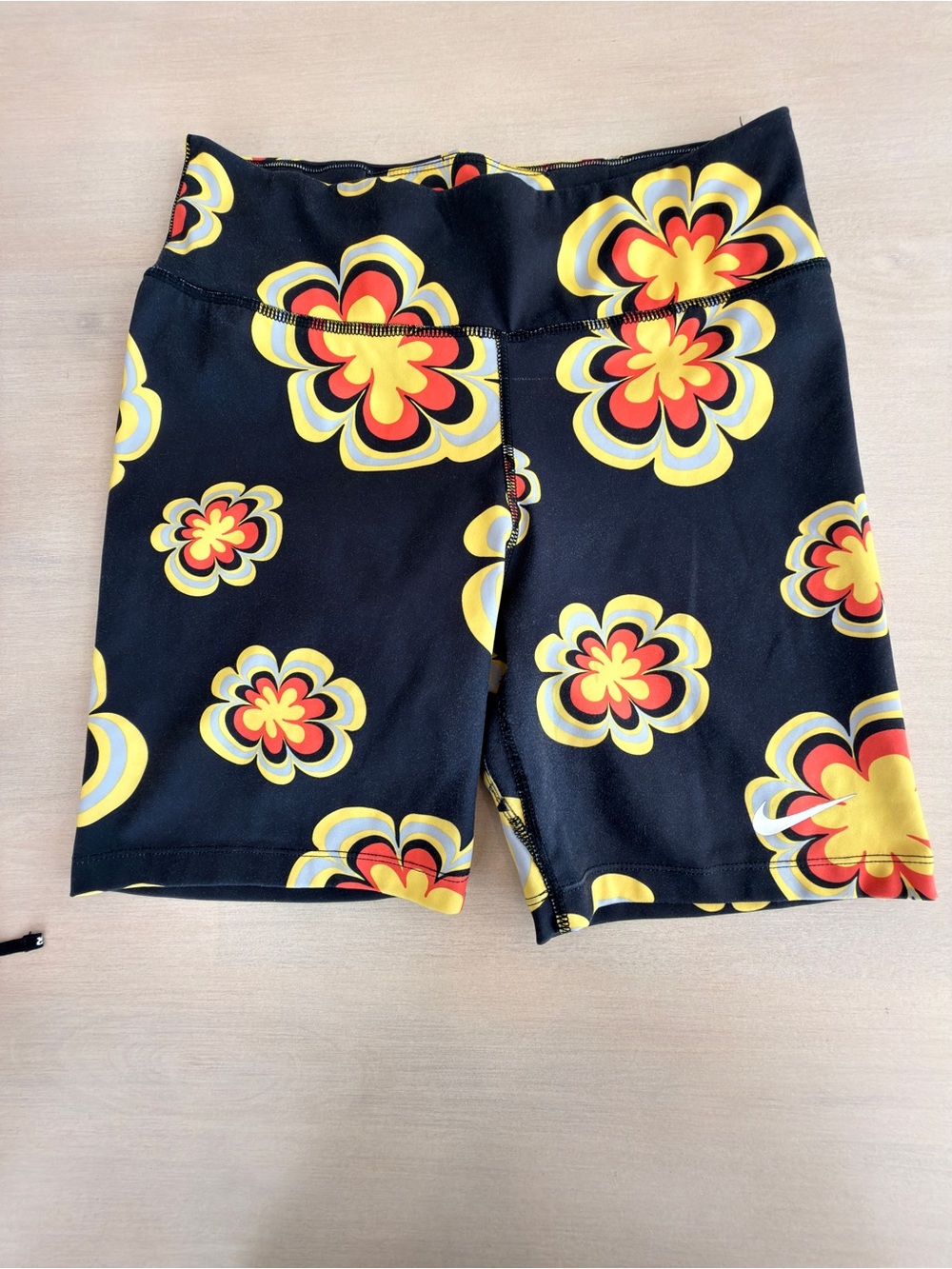 Nike Black Bike Shorts with Yellow & Orange Floral Graphic - Size Large